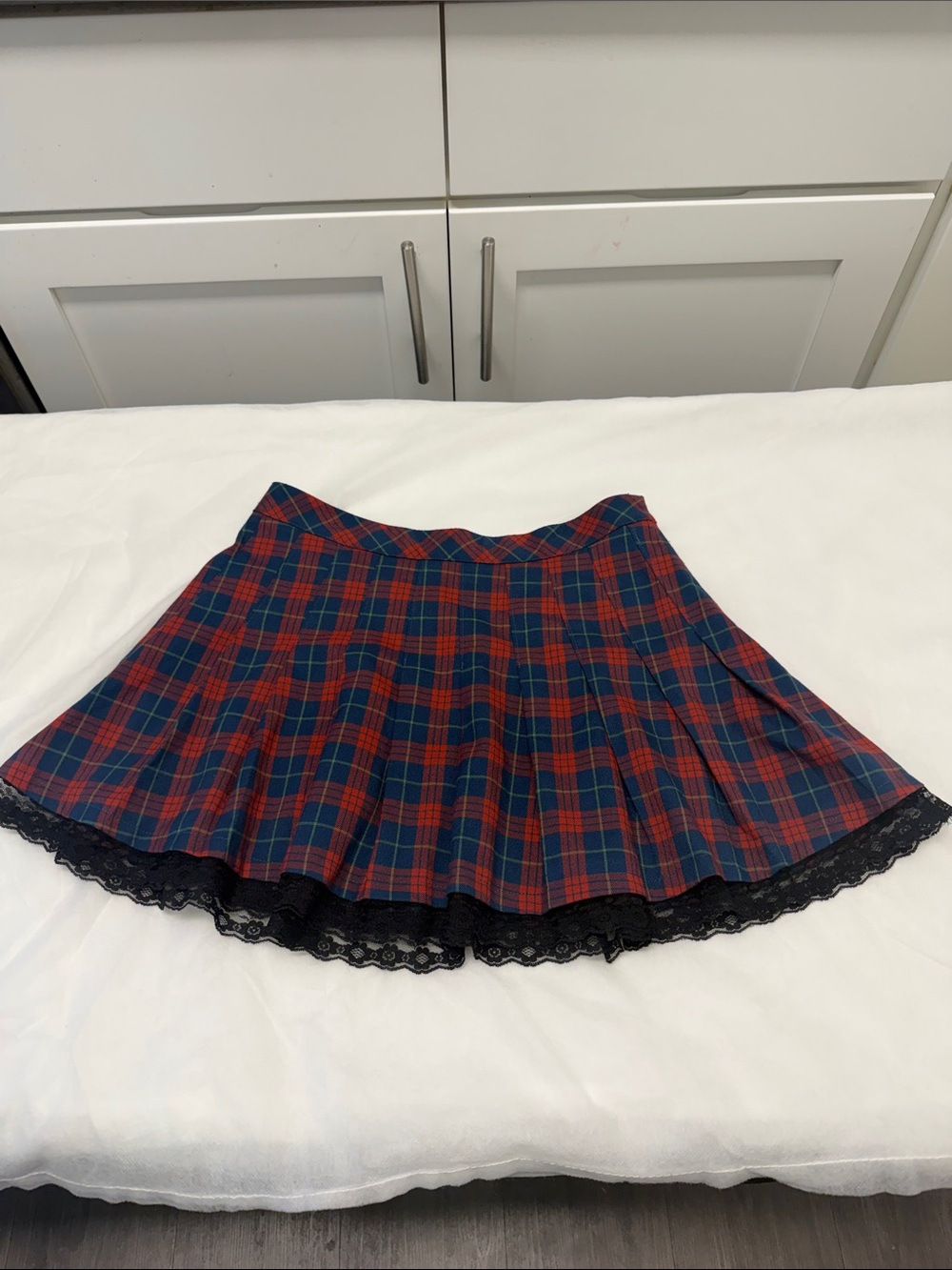Urban Outfitters Red and Navy Plaid Pleated Skater Skirt with Black Lace Trim